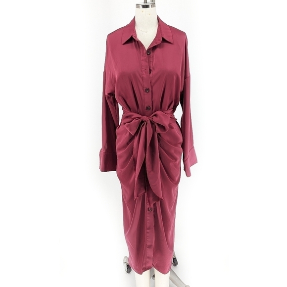 btfbm Dresses & Skirts - BTFBM Satin Tie Midi Shirtdress Red S Business casual preppy holiday office